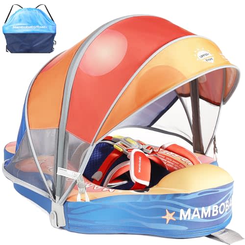 Baby Floats for Pool with Canopy Removable Sun Protection Canopy Mambobaby Float Non Inflatable Upgrade Add Tail Avoid Flip Waterproof Skin-Friendly Infant Swim Float 3-24 Months