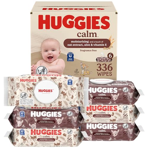 Huggies Calm Baby Wipes, Unscented, Hypoallergenic, 6 Push Button Packs (336 Wipes Total), Packaging May Vary
