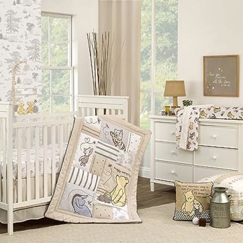 Disney Classic Pooh Hunny Fun with Piglet and Eeyore The Hundred Acre Woods Taupe 3 Piece Nursery Crib Bedding Set - Comforter, 100% Cotton Fitted Crib Sheet, and Crib Skirt