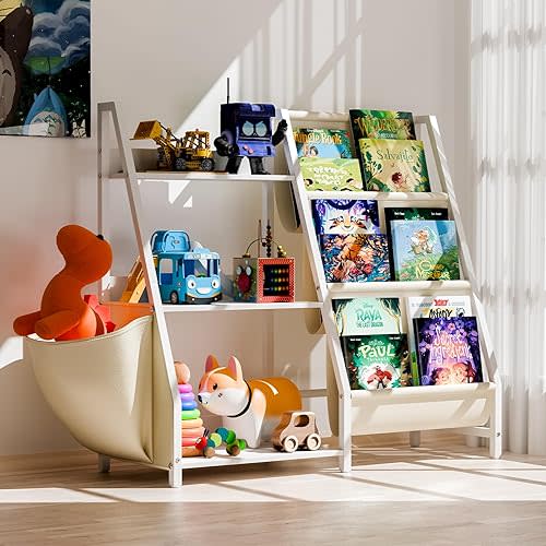 Kids Bookshelf and Toy Organizer, 3 Tier Toy Storage for Kids, Montessori Bookcase Furniture Book Shelf for Kids Rooms, Playroom, Bedroom, Nursery(White)