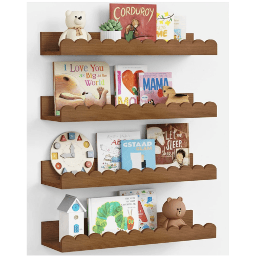 Walnut Nursery Book Shelves Wall Set of 4, Dark Wood Scalloped Floating Bookshelf for Wall, Cloud Wooden Hanging Shelving Unit for Kids Bedroom Baby Child Toddler Room Kitchen (Walnut Brown)