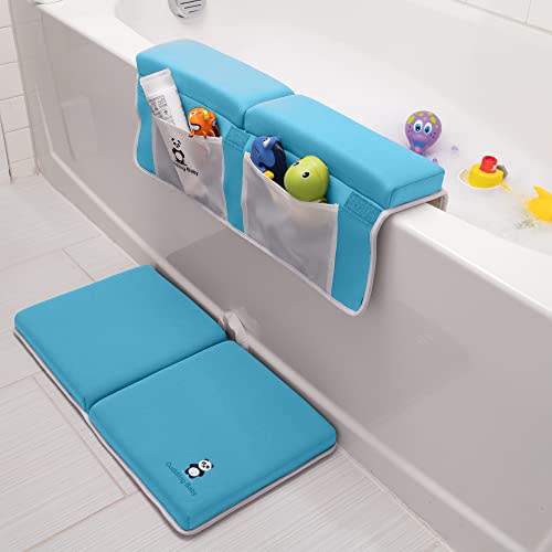 Cuddling Baby Comfortable Bath Kneeler and Elbow Rest Pad, 2 Pc. Set, Knee and Body Protection with Non-Slip Base, Large Toy and Bath Accessory Pocket Storage, Compact Foldable Cushion Design (Blue)