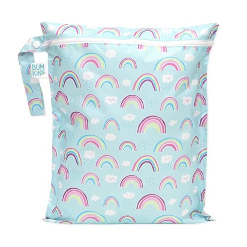 Bumkins Waterproof Wet Bag for Baby, Travel, Swim Suit, Cloth Diapers, Pump Parts, Pool, Gym Clothes, Toiletry, Strap to Stroller, Daycare, Zipper Reusable Bag, Wetdry Packing Pouch, Rainbows Blue