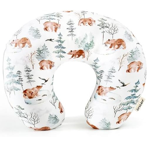 GRSSDER Nursing Pillow Cover, Stretchy Soft Minky Fabric Covers, Fit Most Nursing Support Pillows for Breastfeeding, Comfortable Safe Pillow Cover, Stylish Cute Bear Pattern