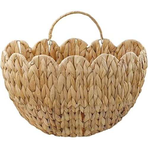 Coeusy Water Hyacinth Hanging Basket, Scalloped Wall Basket with Handle, Wicker Hanging Wall Basket for Door,Nursery,Home Decor