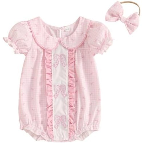 BemeyourBBs Baby Girl Bubble Romper Short Sleeve Peter Pan Collar Jumpsuit Newborn Infant Summer Clothes
