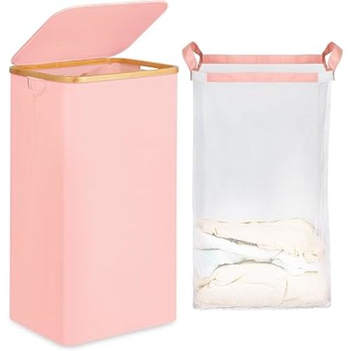 efluky 26 Gal Laundry Basket with Lid and Net Bag, Tall Laundry Hamper with Bamboo Handles, Aesthetic Dirty Clothes Bin for Laundry Room, Bathroom, Bedroom and Dorm, Pastel‌