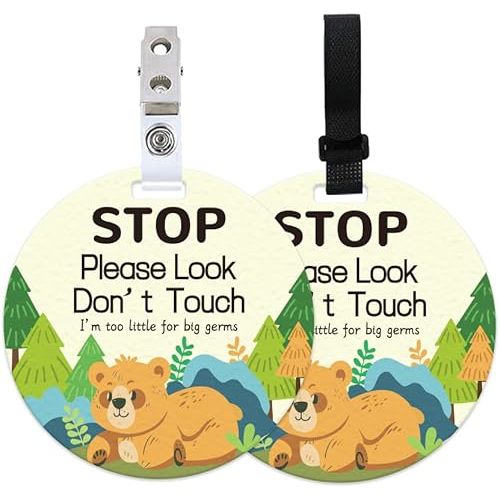 ORIGACH 2 Pack Stop Please Look Don't Touch Baby Signs, Forest Bear No Touching Baby Car Seat Sign or Stroller Tag with Hanging Strap and Clip, No Touching Baby Carrier Tag for Preemie Newborn