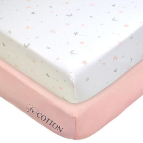 American Baby Company 2 Pack Fitted Crib Sheets 28" x 52", Soft Breathable Neutral 100% Cotton Jersey Sheet, Pink Stars and Blush, for Boys and Girls, Fits Crib and Toddler Bed mattresses