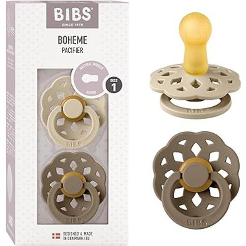 BIBS Pacifiers - Boheme Collection | BPA-Free Baby Pacifier | Made in Denmark | Set of 2 Vanilla/Dark Oak Color Premium Soothers | Size 0-6 Months