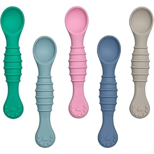 5 Pack Baby Spoons First Stage Feeding - Soft Silicone Self Feeding Training Utensils for Infant & Toddler - BPA Free BLW Weaning Supplies with Choke Guard - Dishwasher Safe Gentle on Gums