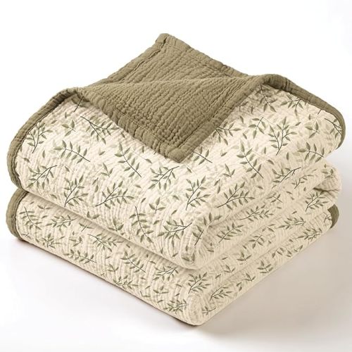 lulumoon Baby Muslin Blanket Neutral: Skin-Friendly Leaf Toddler Blanket - Ideal for Stroller 47"× 47" (Olive Branches)