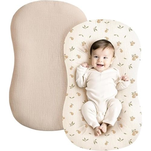 Konssy Muslin Baby Lounger Cover 2 Pack, 100% Cotton Newborn Lounger Cover, Soft and Breathable Lounger Slipcover for Boys Girls, Covers Only (Summer Wheat, Pear)