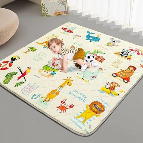 Baby Play Mat - Thicken 50x50 Inch Soft Foam Crawling Mat for Playpen & Floor, Non-Slip Waterproof Playmats for Infants & Toddlers, Portable Foldable & Machine Washable, Beach Animals