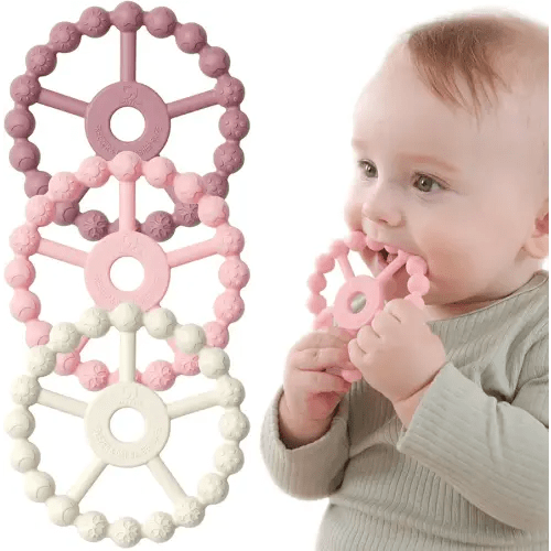 3 Pack Ring Teether Baby Infant Toys, Silicone Teething Ring Toys for Babies 0-6 Months, Seposeve Baby Teethers 6-12 Months 12-24 Months, Easy to Grasp Toy, Infant Teething Relief, Purple Pink White