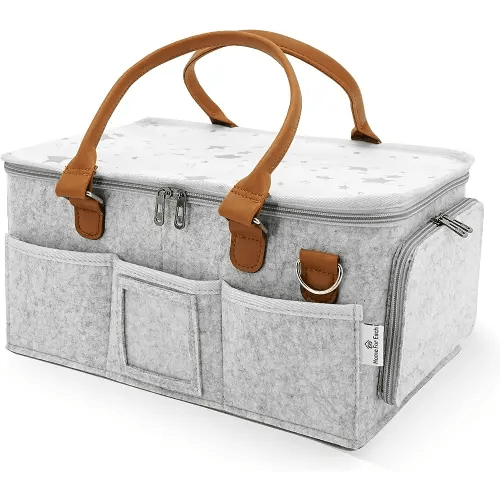 Baby Diaper Caddy Organizer with Lid, Multiple Compartments Baby Caddy, Waterproof Diaper Tote Bag for Infants, Travel Baby Bag for Must Haves, Baby Gift Basket for Newborn Essentials