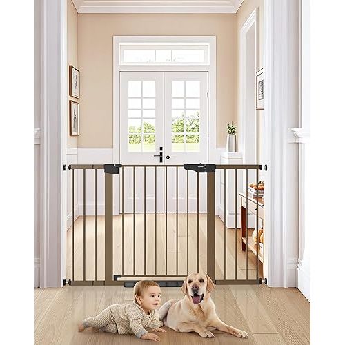 Cumbor 29.7-51.5" Baby Gates for Doorways Extra Wide, Safety Dog Gate for Stairs, Easy Walk Thru Auto Close Pet Gates for The House, Child Gate Includes 4 Wall Cups, Brown, Mom's Choice Awards Winner