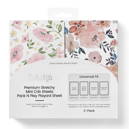 Graco Pack and Play Sheets Fitted, TotAha Buttery Soft Mini Crib Sheets Girl, Floral Pack N Play Mattress Sheets Hypoallergenic, Premium Jersey Playrad Sheets, Meredith Allover & Pale Pink, 2 Pack