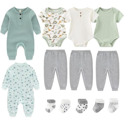 Ribbed Baby Bodysuits and Zip Romper Cotton Pants Clothes Sets 0-12 Months