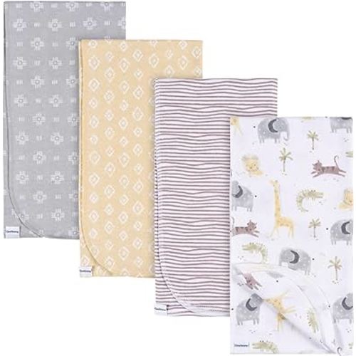 Gerber Unisex Baby 100% Cotton Flannel Receiving Blankets 30x30 Inches (Pack of 4), Animals + Geos Neutral, One Size