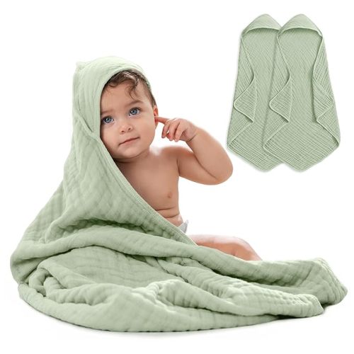 Comfy Cubs 2 Pack Baby Hooded 9 Layer Muslin Cotton Towel for Kids, Large 32” x 32”, Ultra Soft, Warm, and Absorbent. Baby Essentials Bath Towels, Cute Unisex Cover for Girls and Boys (2 Pack, Sage)