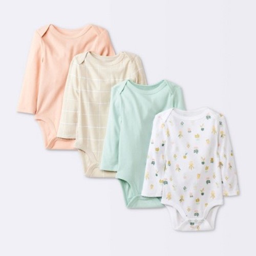 Baby Girls' 4pk Long Sleeve Bodysuit - Cloud Island™, Color: Khaki, Size: Newborn