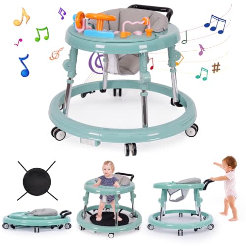 NVW Music and Lights Baby Walker Foldable with 9 Adjustable Heights, Baby Walker with Wheels Portable, Baby Walkers and Activity Center for Boys Girls Babies 7-18 Months (New-Green)