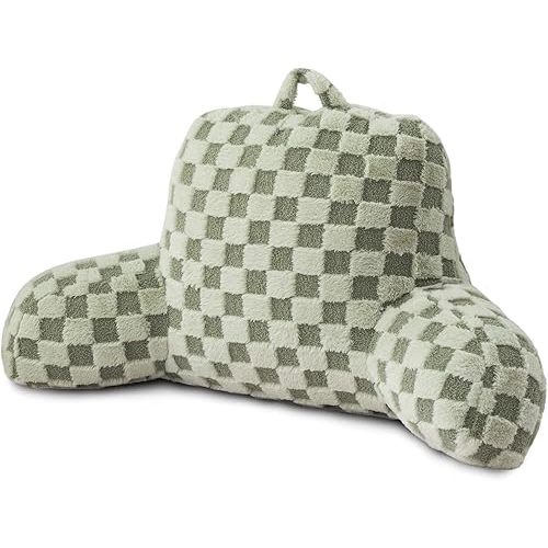 A Nice Night Faux Fur Reading Pillow,Checkered Fluffy Grid Plaid,Bed Wedge Pillow Large Adult Children Backrest with Arms for Bedrest,Green