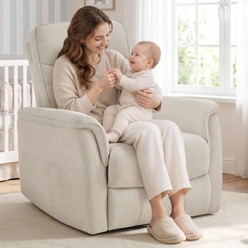 Recliner Chair for Adults, Power Chenille Nursery Rocker Recliner Massage and Heat, Oversized Swivel Reclining Chair with USB Ports for Living Room, Office Khaki