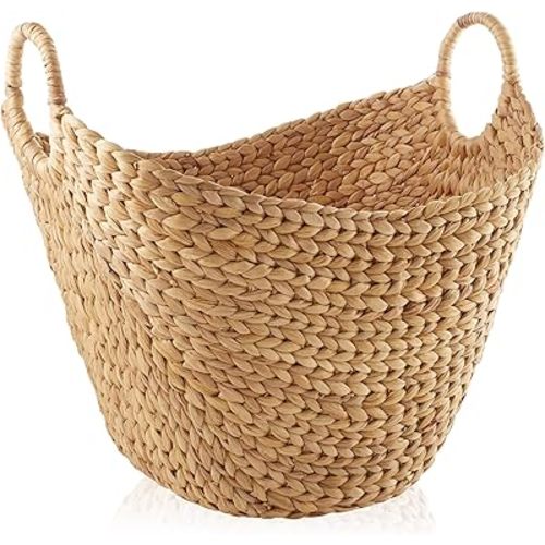 Casafield Large Laundry Boat Basket with Handles - Natural, Woven Water Hyacinth Multipurpose Storage Organizer for Throw Blankets, Bathroom, Bedroom, Living Room