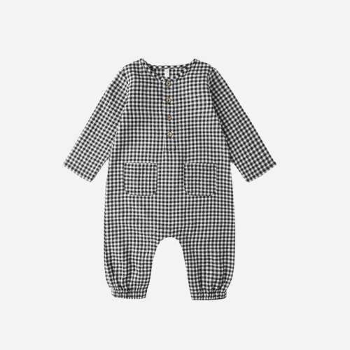 Long Sleeve Woven Jumpsuit - Black Gingham in 3-6 Months