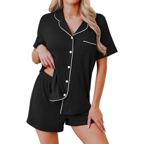 Ekouaer Womens Pajamas 2 Piece Ribbed Knit Pjs Button Down Sleepwear Set Summer Casual Loungewear Lounge Sets