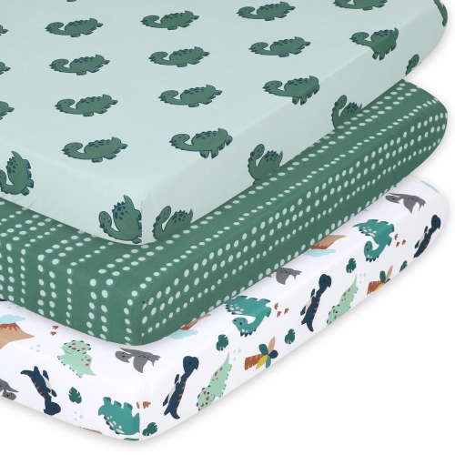 The Peanutshell Fitted Playard Mini Crib Sheets 3-Pack for Pack and Play, Green Dino, 24x38 to 27x39 inches