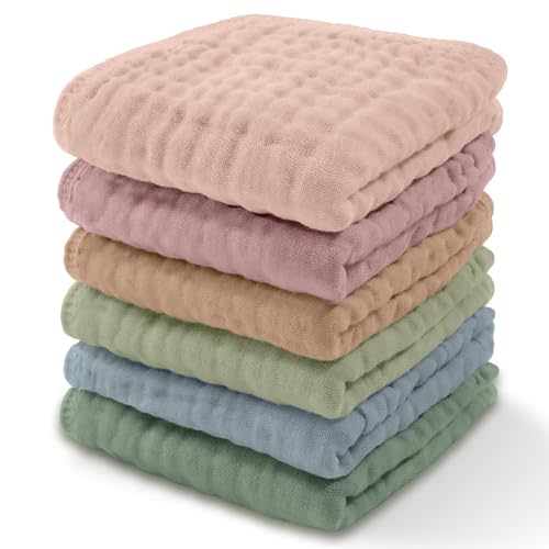Baby Washcloths, Muslin Cotton Baby Towels, 6 Pack -Large 10”x10” Wash Cloths Soft on Sensitive Skin, Absorbent for Boys & Girls, Newborn Baby & Toddlers Bibs & Burp Cloths Essentials Set, Multicolor