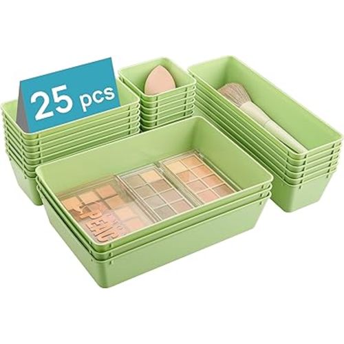 Vtopmart 25 PCS Plastic Drawer Organizers Set, 4-Size Versatile Bathroom and Vanity Drawer Organizer Trays, Storage Bins for Makeup, Bedroom, Kitchen Gadgets Utensils and Office