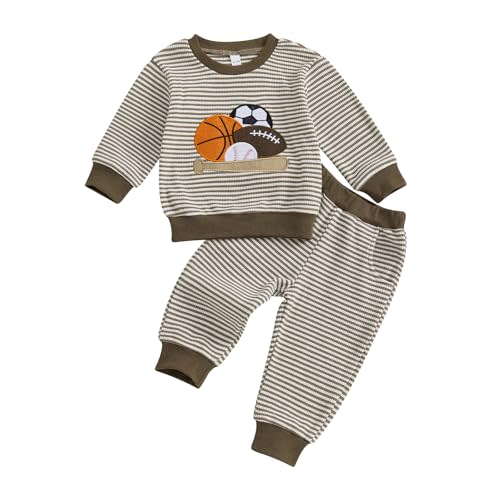 ZAXARRA Toddler Baby Boy Outfit Fall Winter Rugby Embroidery Striped Sweatshirt and Elastic Pants 2 Piece Baby Boy Clothes