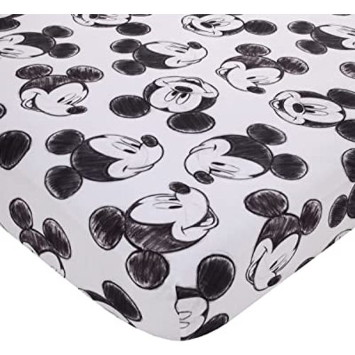 Disney Mickey Mouse - Charcoal Black and White Smiling Mickey Mouse Nursery Polyester Fitted Crib Sheet