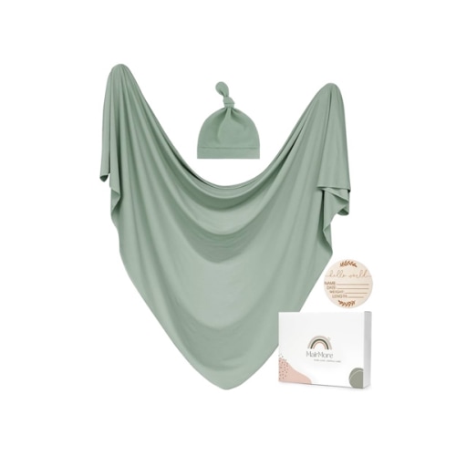 Baby Swaddle Receiving Blankets with Matching Beanie Set Newborn Nursery Swaddle Wrap for Baby Girls and Boys (Green)