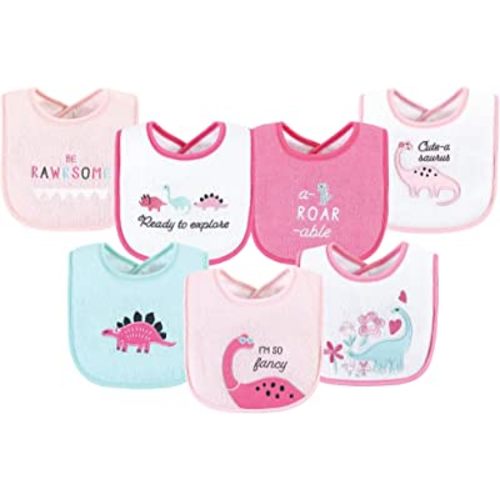 Hudson Baby Unisex Baby Cotton Terry Drooler Bibs with Fiber Filling, Girl Dino, One Size