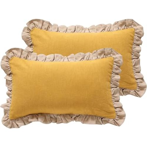 patdrea Vintage Yellow Linen Throw Pillow Covers,Set of 2,12"x20"-Kubum