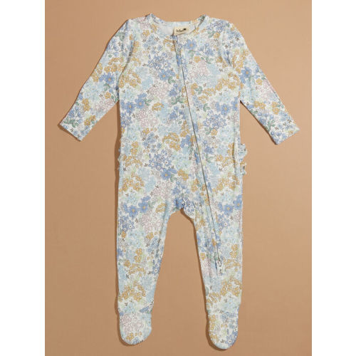 Edith Floral Ruffle Footie in Blue | Tullabee