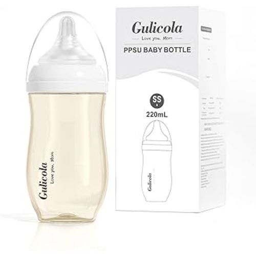 Gulicola Newborn Breastfeeding Baby Bottle with Extra Slow Flow Nipples, 0 Months+, Anti Colic, BPA Free PPSU, 7 oz - Clear