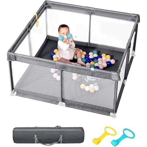 [Upgraded] dearlomum Baby Playpen, 50"x50" Sturdy Baby Playard with Thickened Steel Pipes, Indoor & Outdoor Anti-Slip Safety Fence with Soft Mesh for Toddlers (Gray)