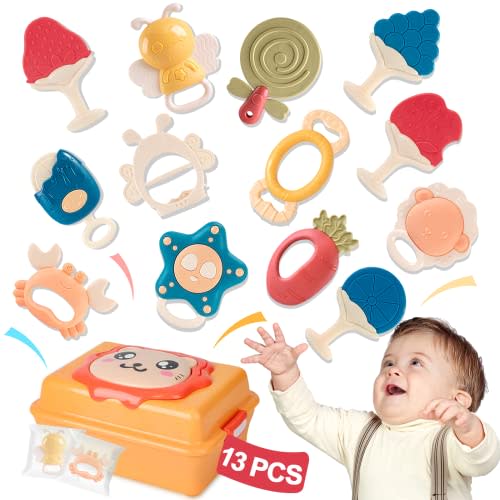 Baby Rattle Teething Toys, Infant,Newborn Teether Gift Set 13 Pcs w Storage Box for 0-3-6-9-12 Months Boy Girl Essential,Montessori Development Sensory Soft Silicone Chew Grab Shaker,Baby Pool Pad Toy
