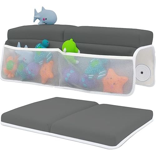 Baby Bath Kneeler and Elbow Rest Pad Set - Baby Bath Support for Knees and Elbows - Bath Kneeler Pad with Memory Foam and Bath Toy Organizer - Bath Kneeling Pad for Bathing Baby - Dark Grey