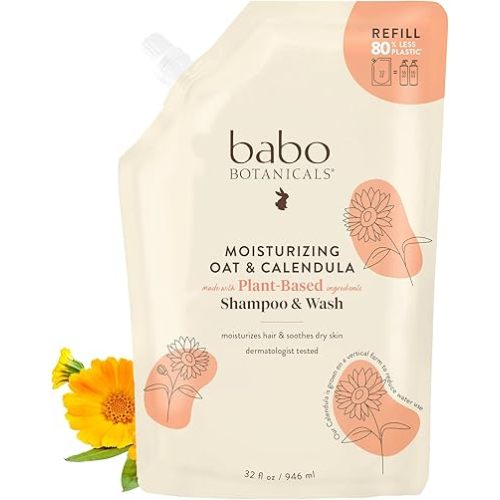 Babo Botanicals Moisturizing Oat & Calendula 2-in-1 Shampoo & Wash - For Dry or Sensitive Skin - For all ages - Lightly Scented - Vegan - Various Sizes
