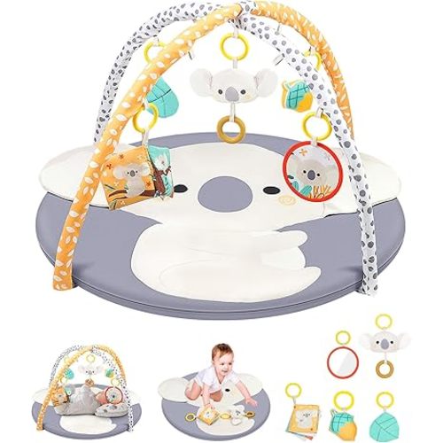 Baby Play Gym and Tummy Time Mat, Cute Koala Activity Gym Foldable Playmate with 5 Detachable Toys for Motor Skills Sensory Development, Baby Essentials for Newborn Infant Babies 0 to 3 6 9 12 Months