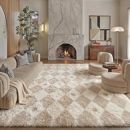 PureCozy Checkered Rug 8x10 Fluffy Shag Living Room Beige Area Rug Modern Washable Carpet Soft Shaggy Non Slip Indoor Plush Fuzzy Rugs for Bedroom Dorm Office Home Aesthetic Decor