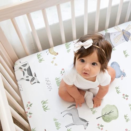 Sweet Jojo Designs Farm Animals Boy Girl Baby Fitted Crib Sheet Set Infant Newborn Nursery Toddler Bed Room Standard Mattress 2pc Gender neutral Watercolor Farmhouse Barn Horse Pig Cow Black and White