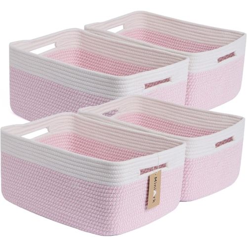 Large Storage Baskets for Organizing, Closet Shelf Baskets for Clothes Blanket Towels, Baby Nursery, Toy Bins Box, Woven Rope Baskets, 17 x 13 x 7.5”, 4 Packs Woven Pink